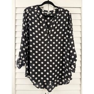 Daniel Rainn Polka Dot Blouse Womens XL Black White Roll Tab Sleeve 3/4 Sleeve
